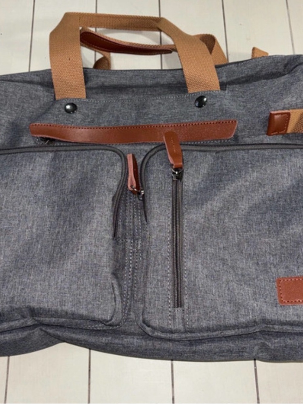Gray Canvas Weekender Bag with Brown Accents